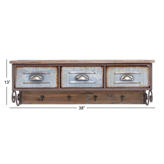 Brown Wood Farmhouse Wall Shelf, 13" x 38" x 10"